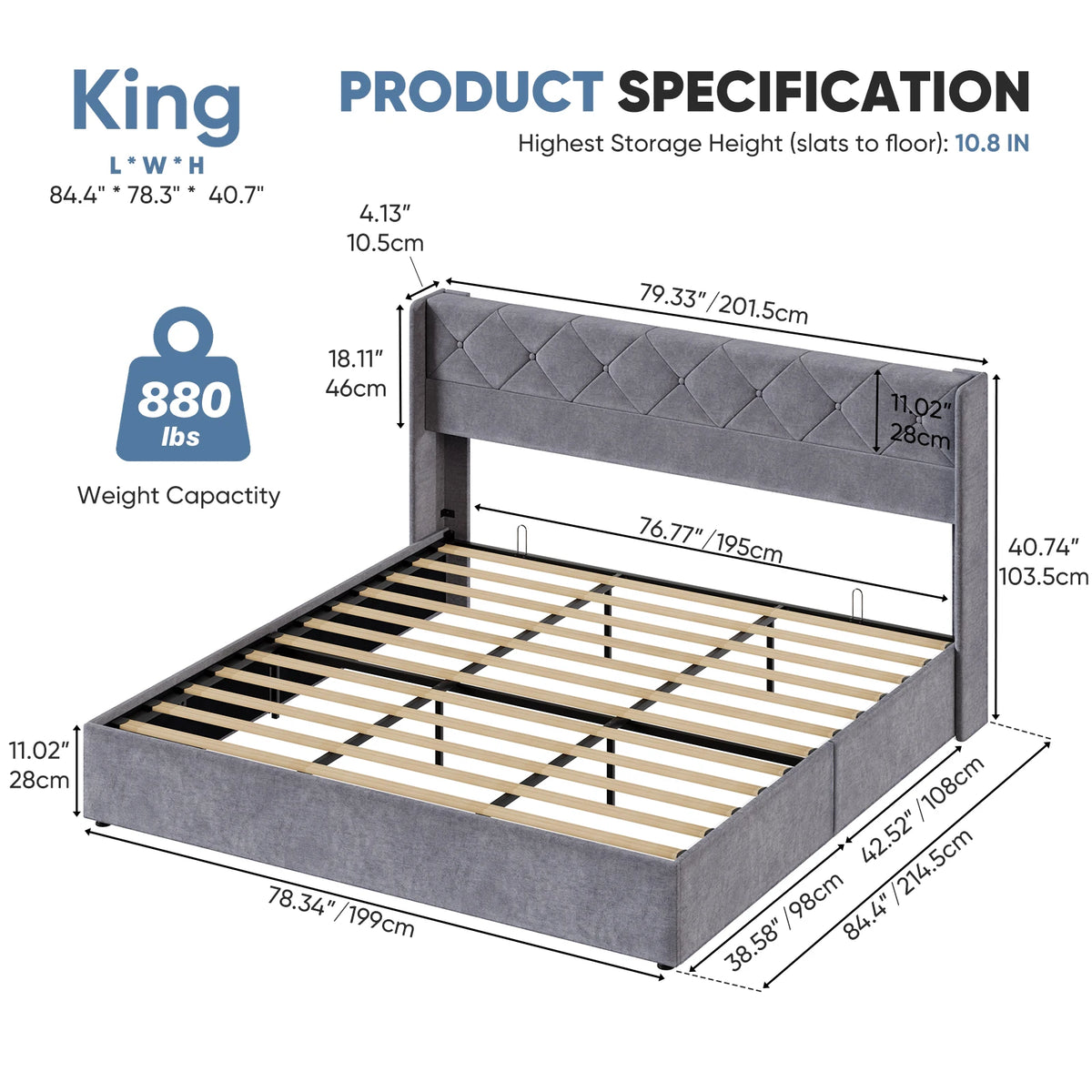 JHK Modern Hydraulic Lift Up Upholstered Storage Bed