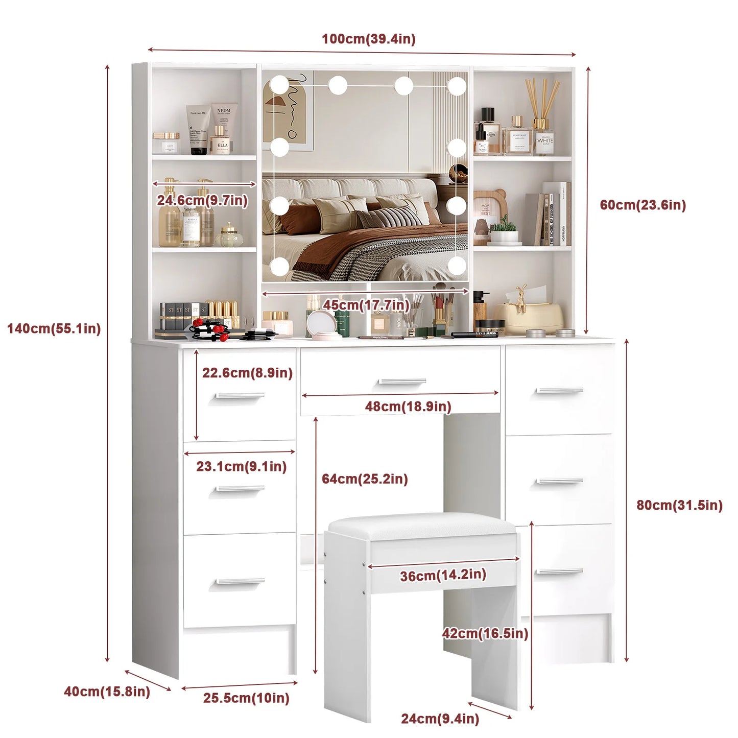Onesaimei Minimalist Wooden Vanity With Light Up Mirror And Drawers
