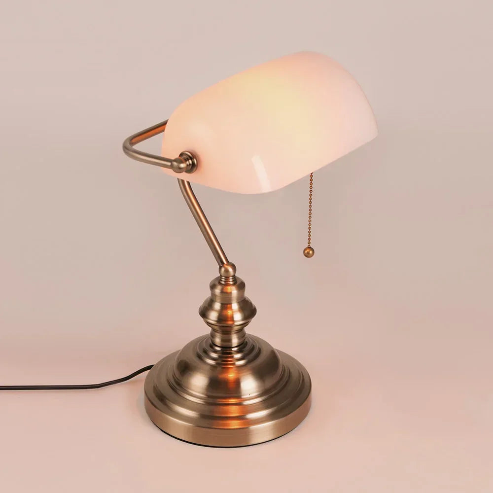 E27 Glass Iron Banker Desk Lamp With Zipper Switch For Office And Bedroom