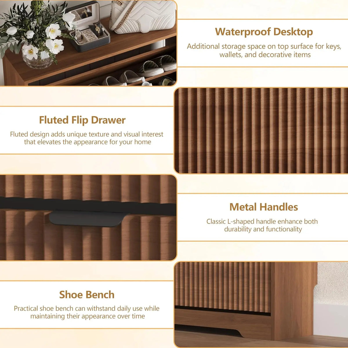 Walnut Fluted Shoe Cabinet With 6 Flip Drawers Adjustable Shelves Wooden