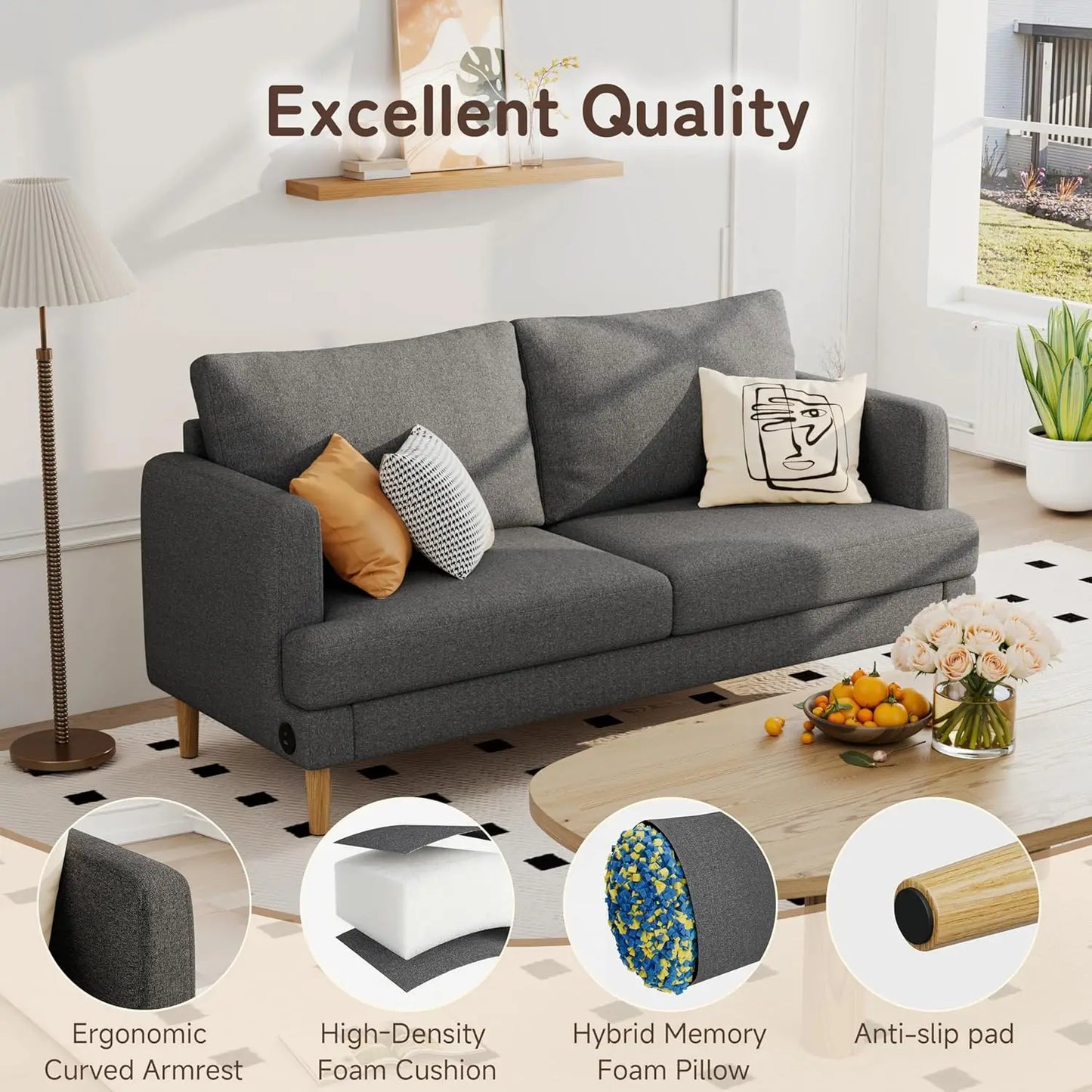 Linen Fabric Loveseat With USB-C Ports For Living Room