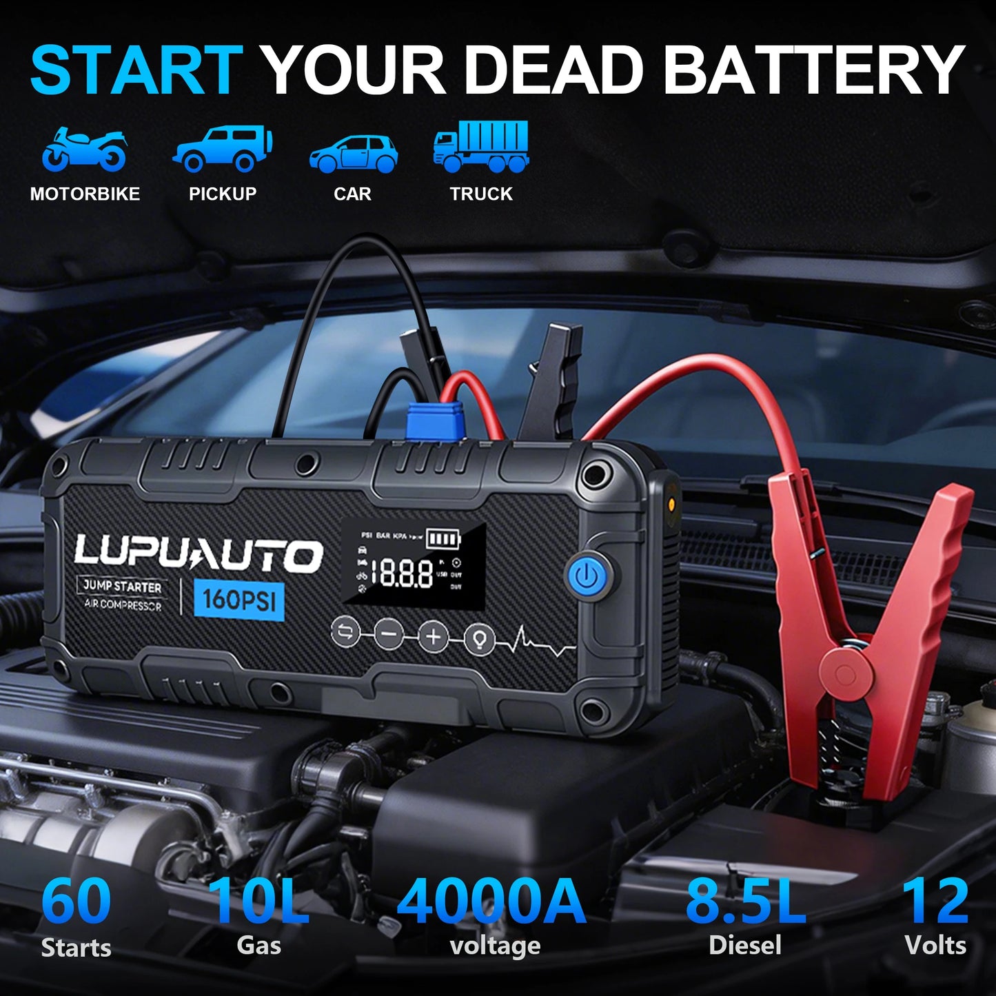 4 In 1 Car Jump Starter 4000A With LED Light Power Bank Tire Inflator