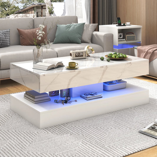 QiaoShiRen Modern LED Coffee Table With Double Layer Storage Drawers