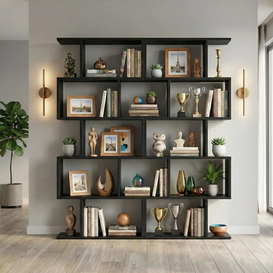 Modern 5 Tier Geometric Bookcase Room Divider Set Two
