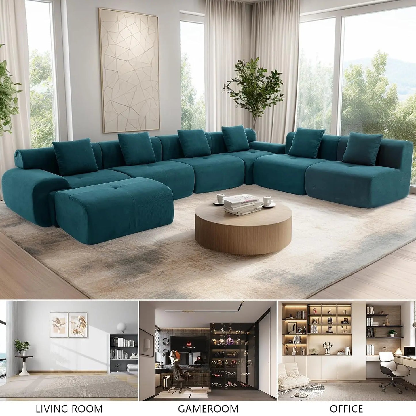 Corduroy Modular Sectional Sofa With Ottoman And High Density Foam