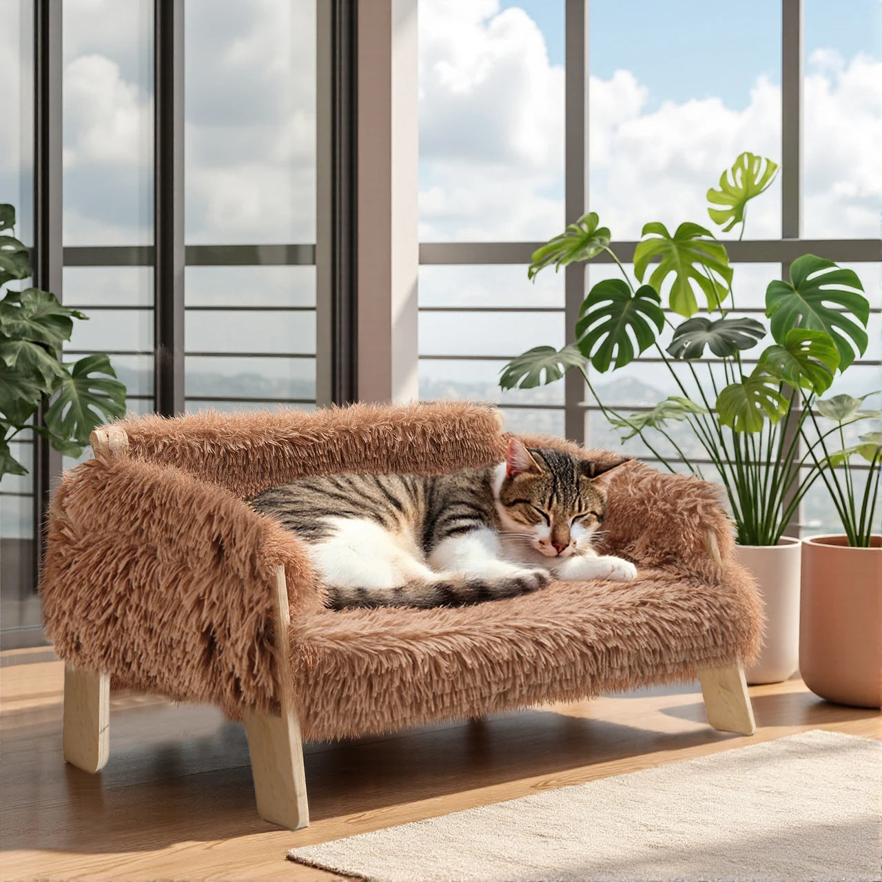 Raised Wooden Leg Cat Bed Plush Sofa For Indoor Cats