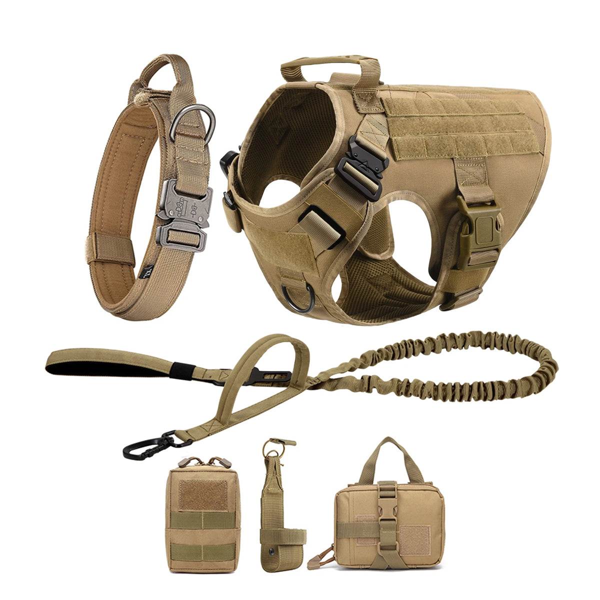 Tactical Nylon Dog Harness Collar With Molle Pouches For Large Pets