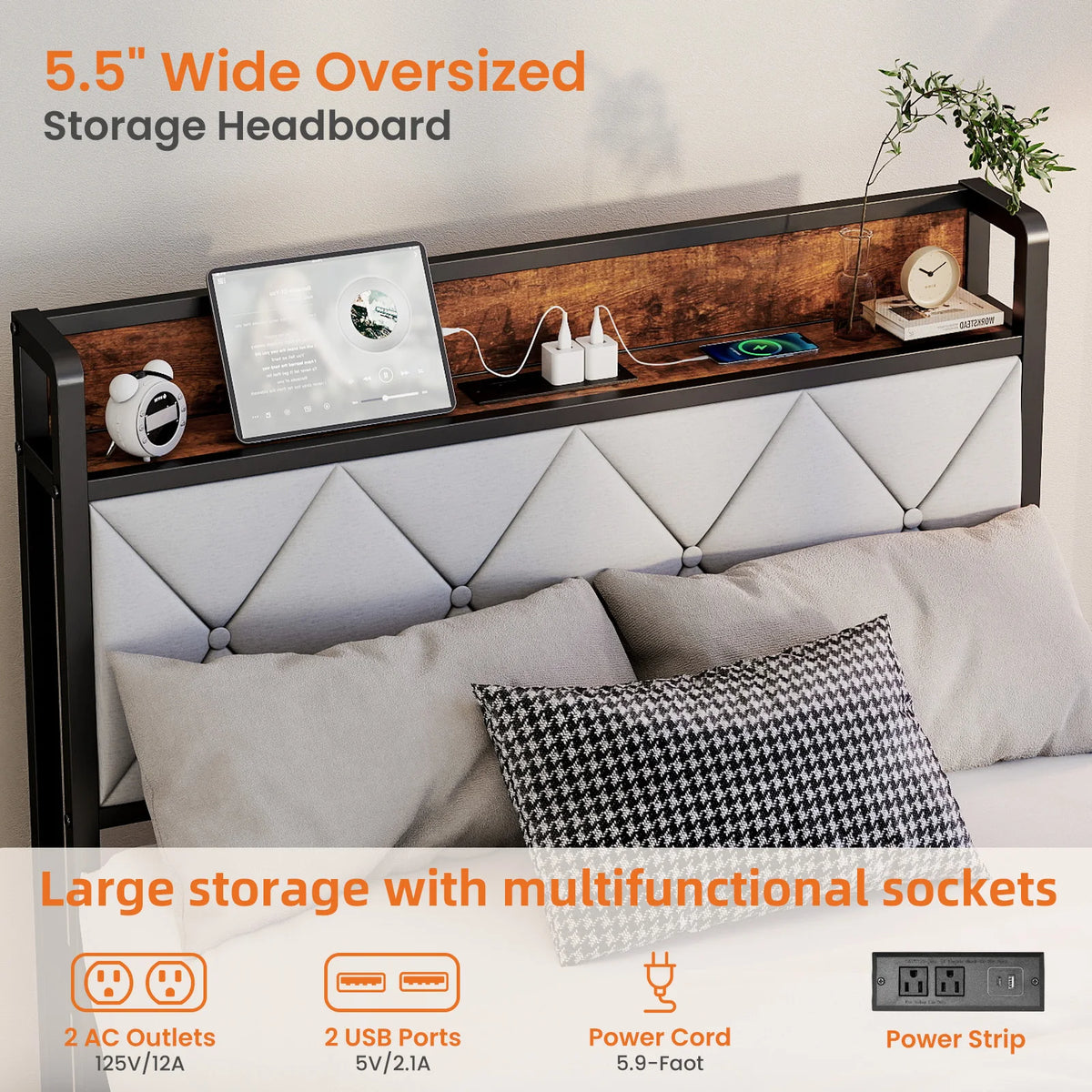 MCQ Metal Bed Frame Featuring Storage Headboard And USB Ports