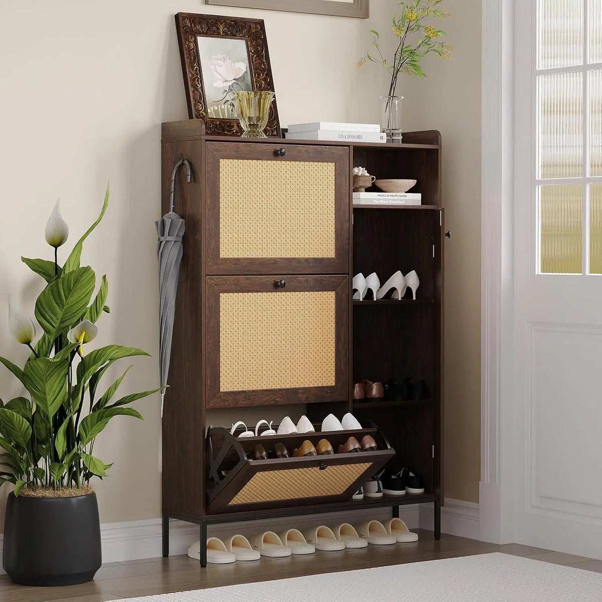 Natural Rattan Shoe Cabinet With Adjustable Shelves