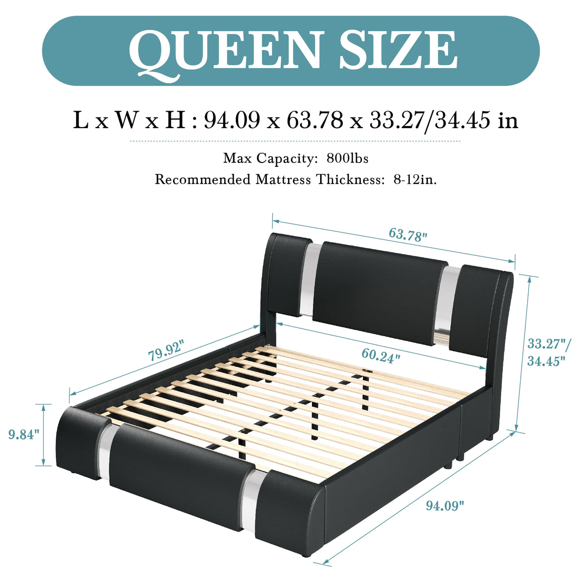 Hoomic Modern Faux Leather Platform Bed Frame With Iron Decor