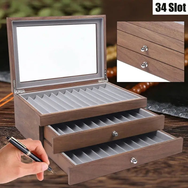 Wooden Pen Storage Case With Drawer For Stationery Display