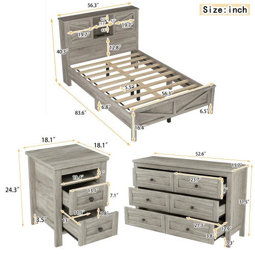 Farmhouse 3 Piece Bedroom Set Platform Bed With Storage Headboard