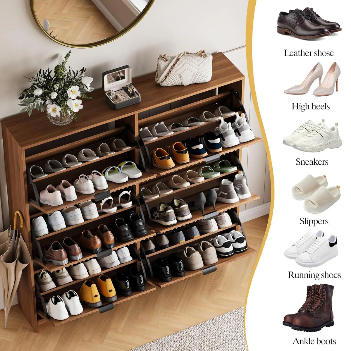Walnut Fluted Shoe Cabinet With 6 Flip Drawers Adjustable Shelves Wooden