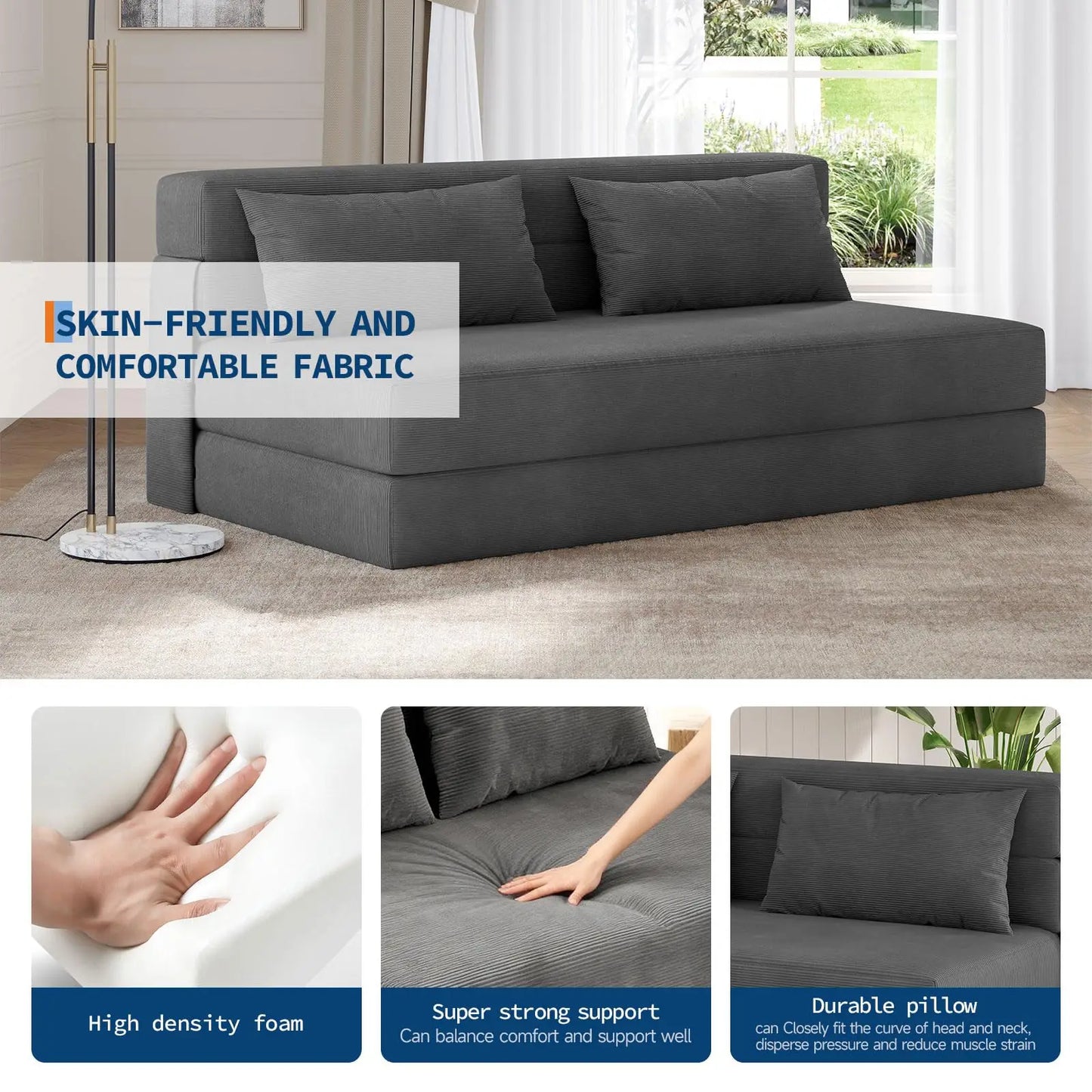 HobbyLane 4 In 1 Folding Corduroy Sofa Bed Convertible Sleeper Couch With Pillow