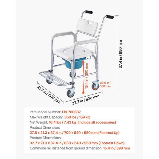 SucceBuy 4 in 1 Bedside Commode Chair With Wheels