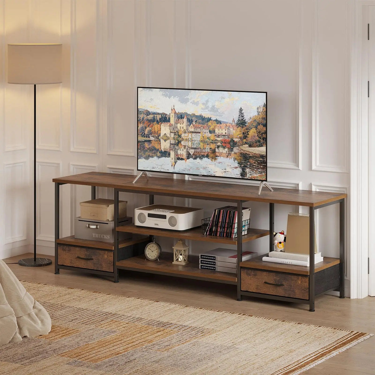 JHK Modern Wooden TV Stand With Adjustable Storage Shelf