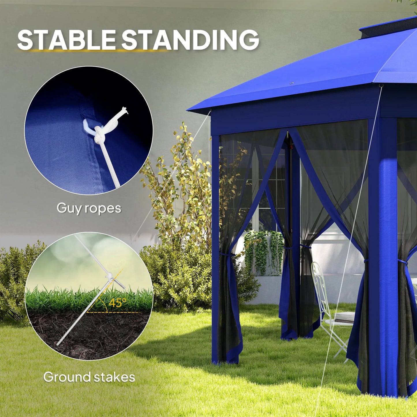 Pop Up Gazebo Hexagonal Canopy Shelter With Zippered Mesh Netting