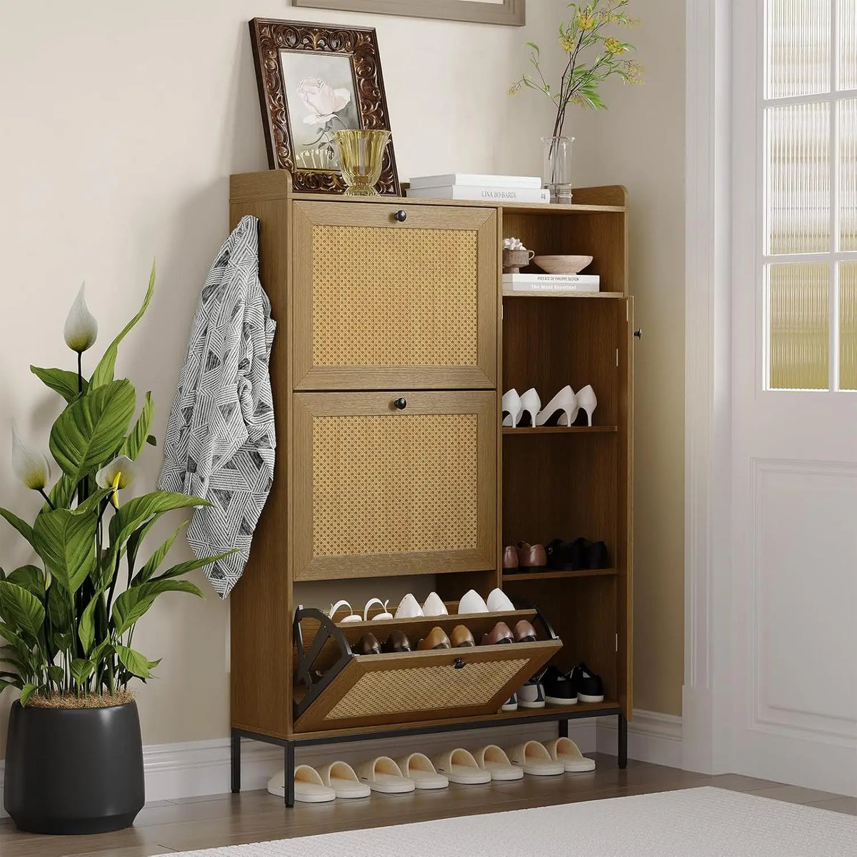 Natural Rattan Shoe Cabinet With Adjustable Shelves