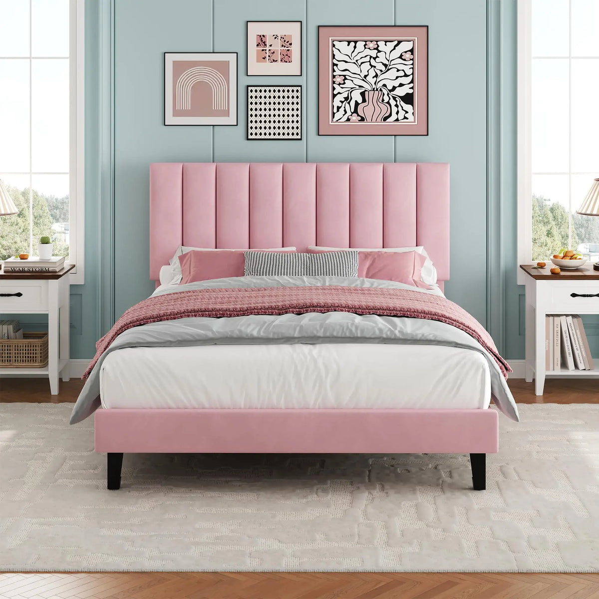 HiMISS Upholstered Platform Bed Frame With Tufted Headboard
