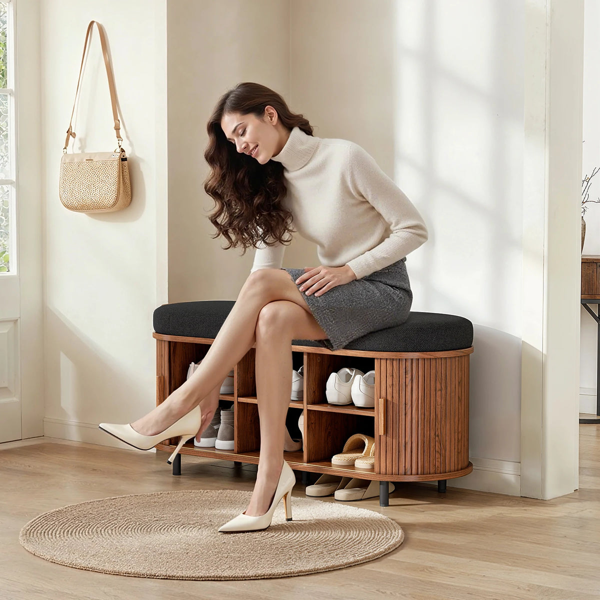 3 Tier Wooden Shoe Storage Bench Organizer With Cushion