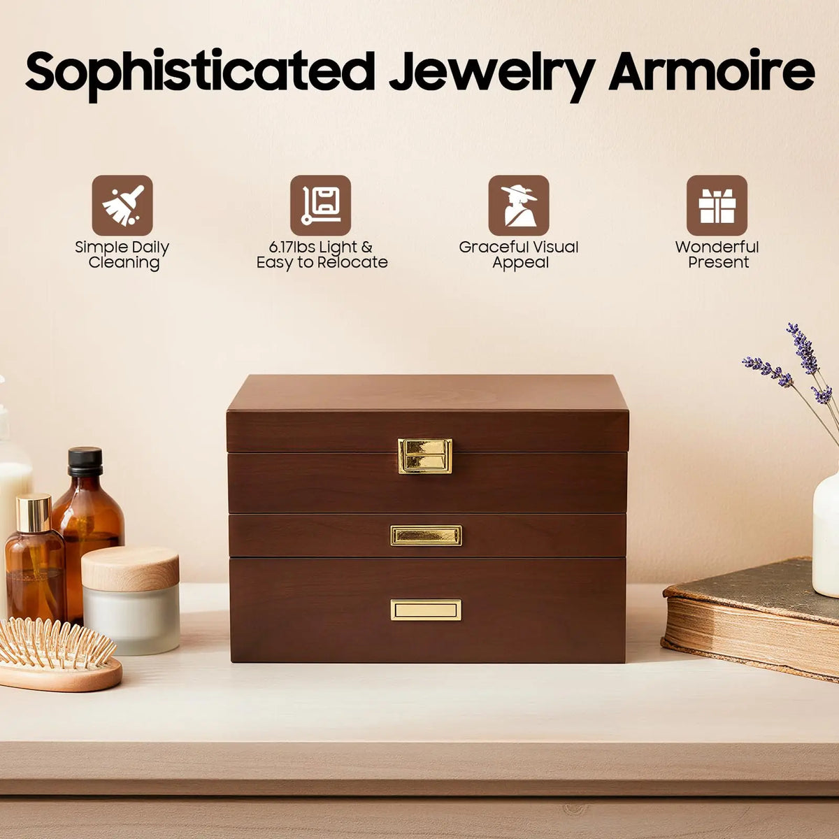 Bymaocar Three-Tier Bamboo Jewelry Box With Drawers