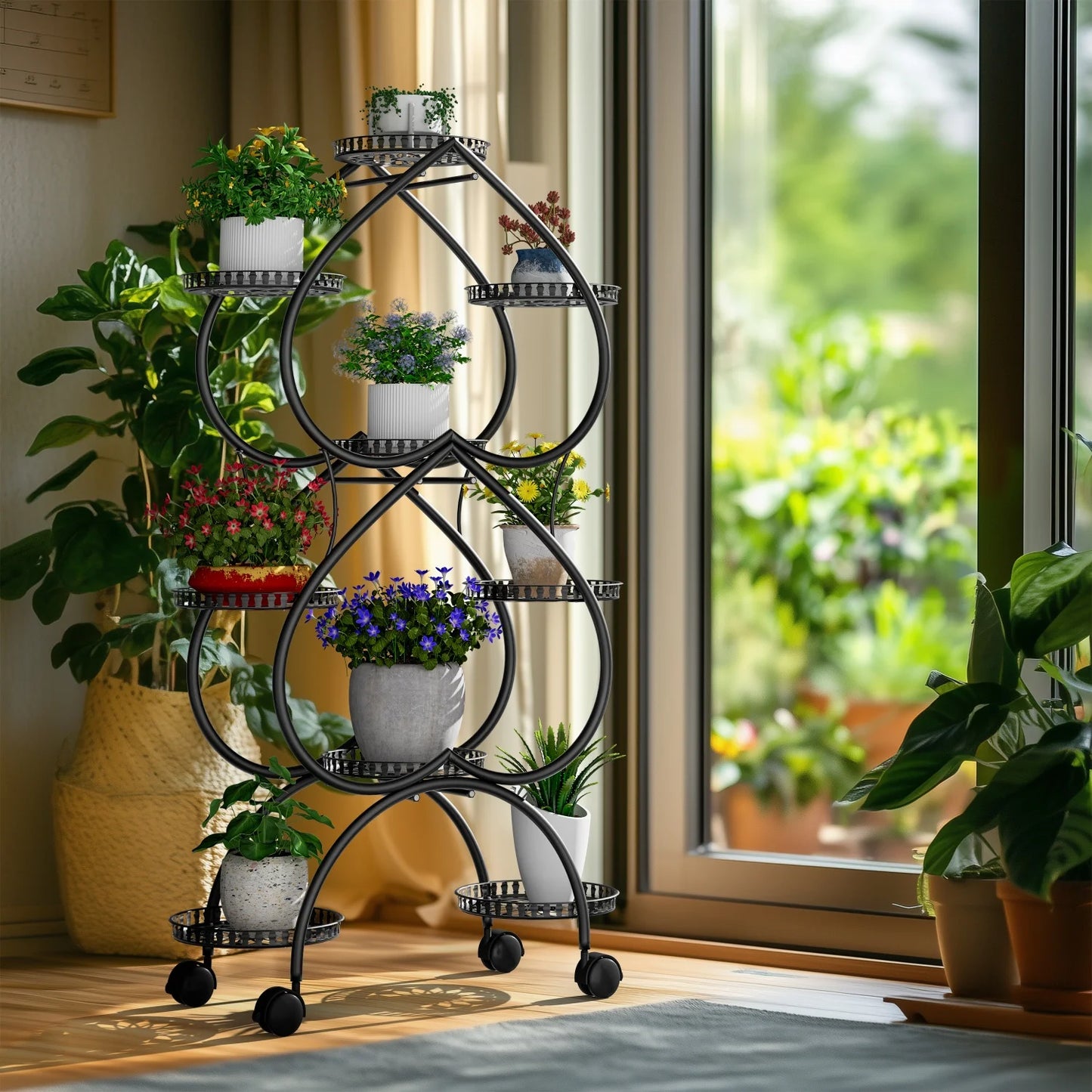 9 Tier Metal Plant Stand With Wheels For Balcony Garden