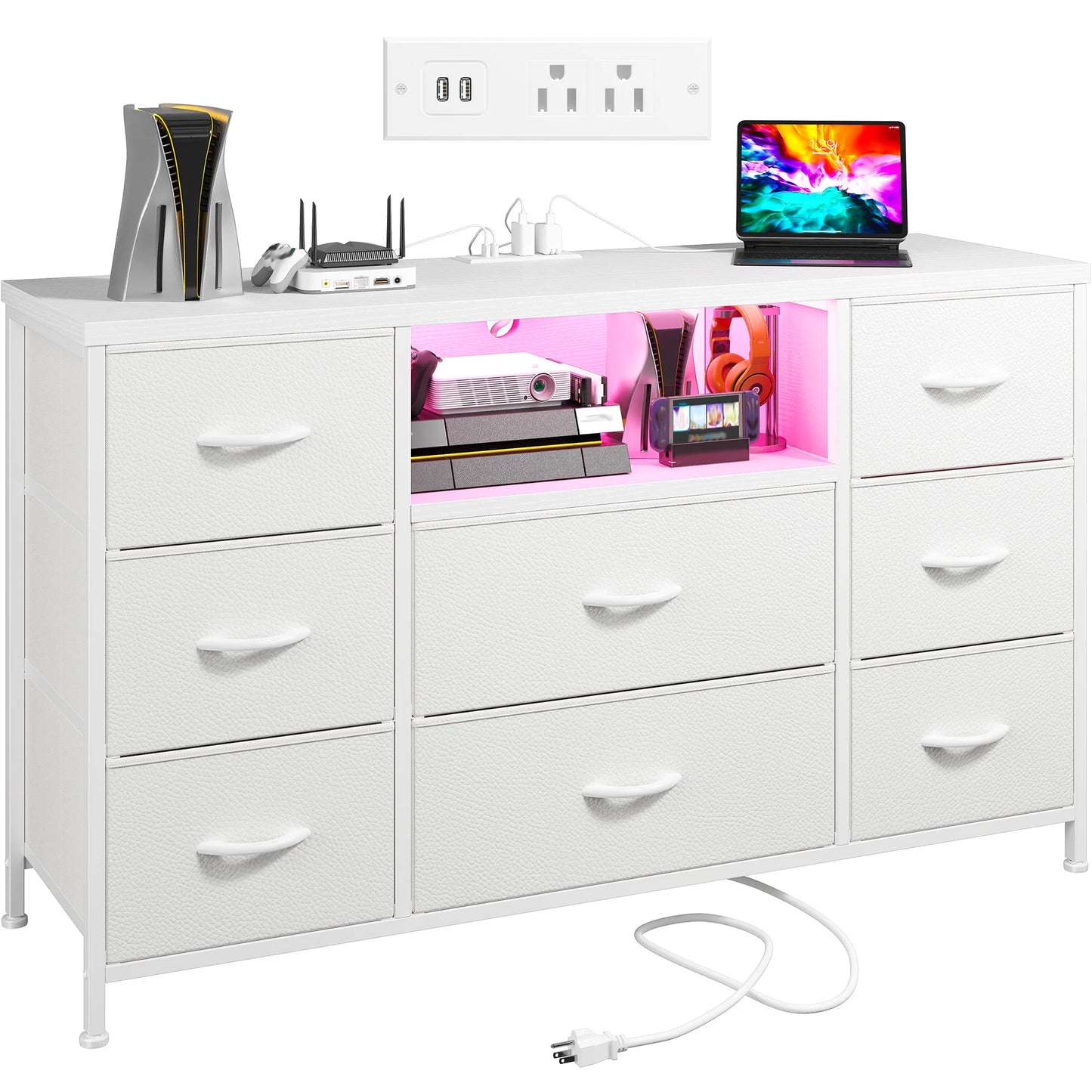 EnHomee 8 Drawer Media Dresser With Led Lighting And Charging