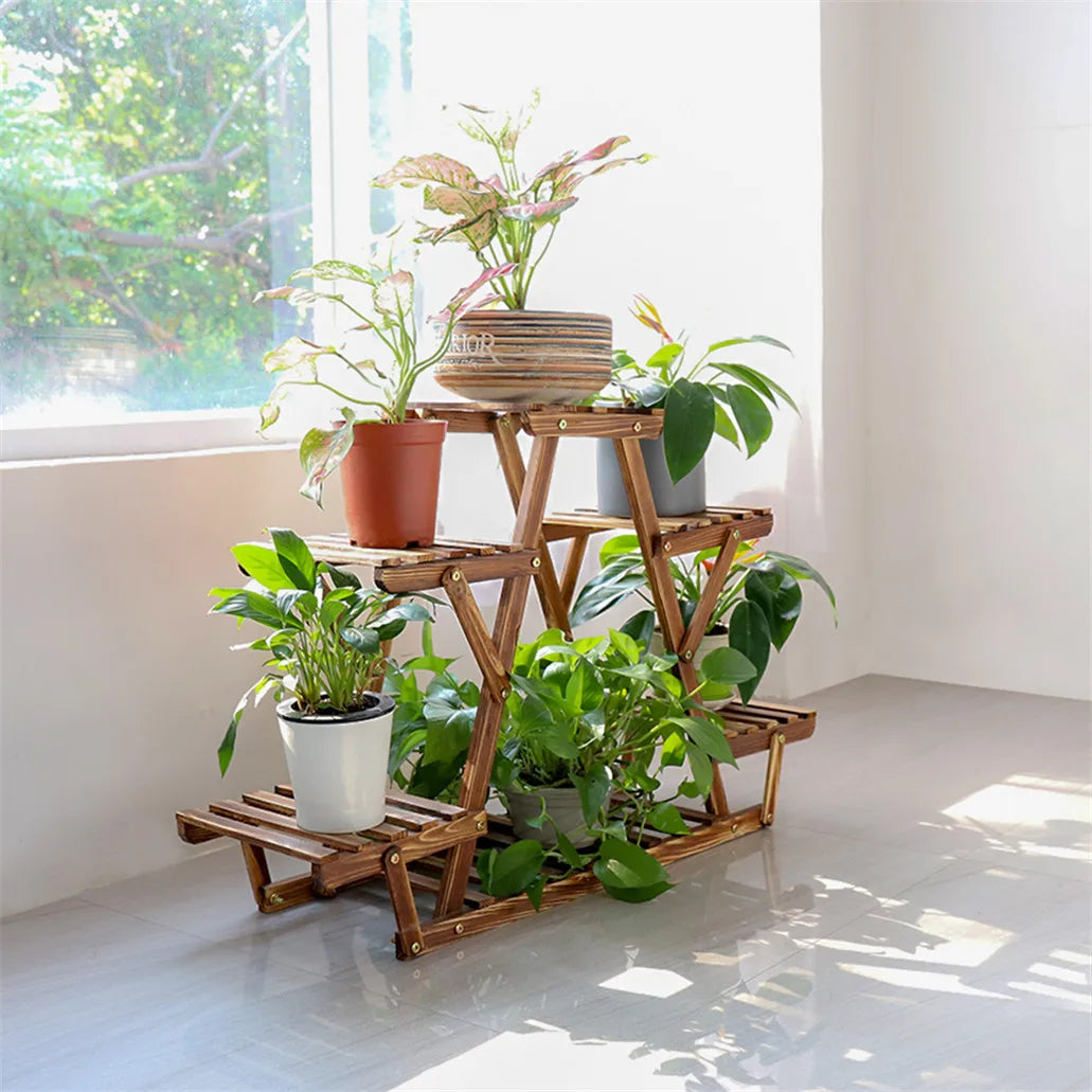 Carbonized Triangle Six Tier Corner Wood Plant Stand Indoor Outdoor
