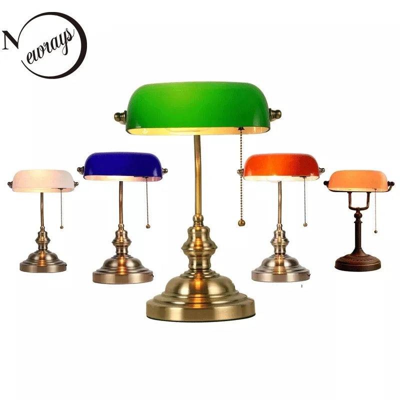 E27 Glass Iron Banker Desk Lamp With Zipper Switch For Office And Bedroom