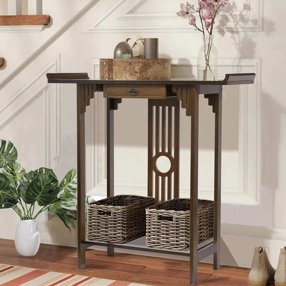 LUVODI Classic Wood Console Table With Drawer And Bottom Shelf