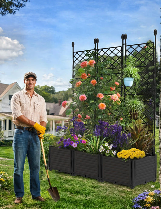 HiMISS Planter Box With Trellis Raised Garden Bed For Climbing Plants Outdoor