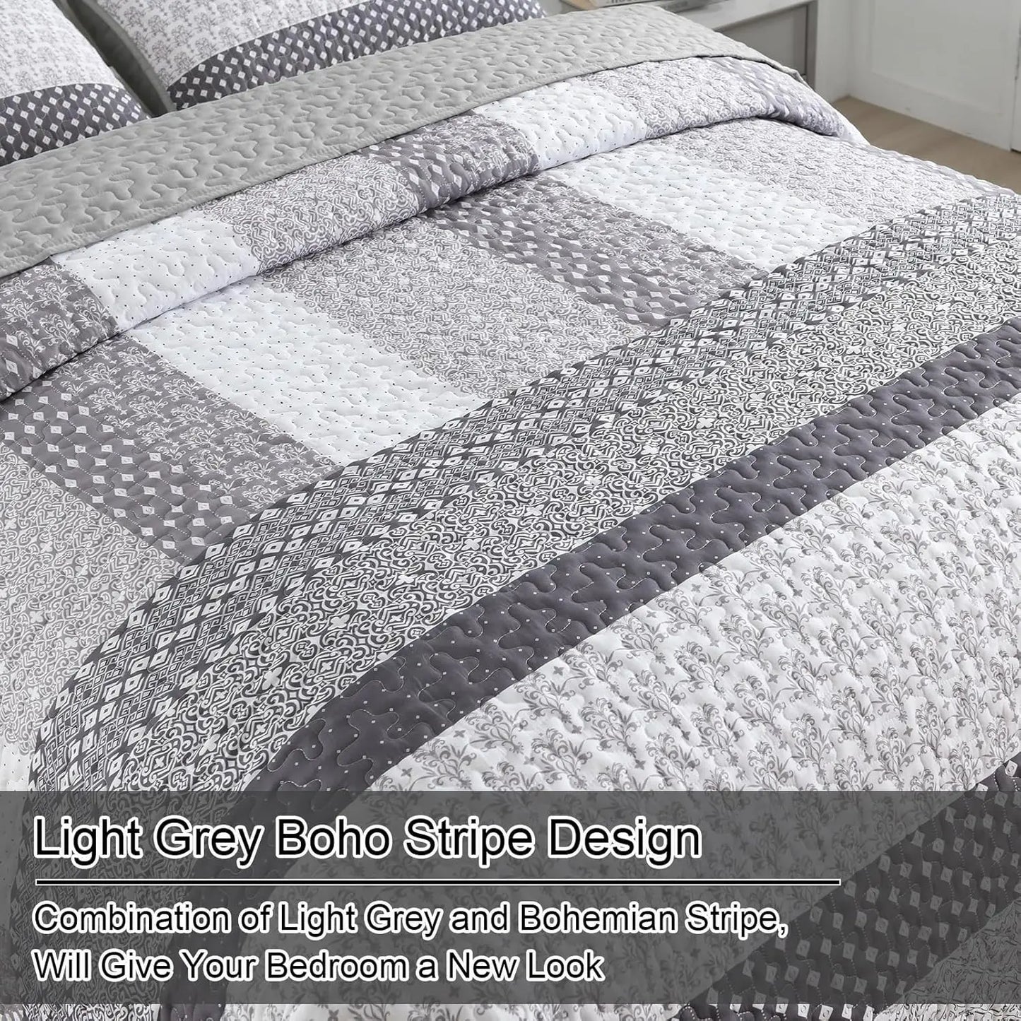 Bohemian Stripe Reversible Quilt Set 3 Piece Microfiber Polyester Cotton