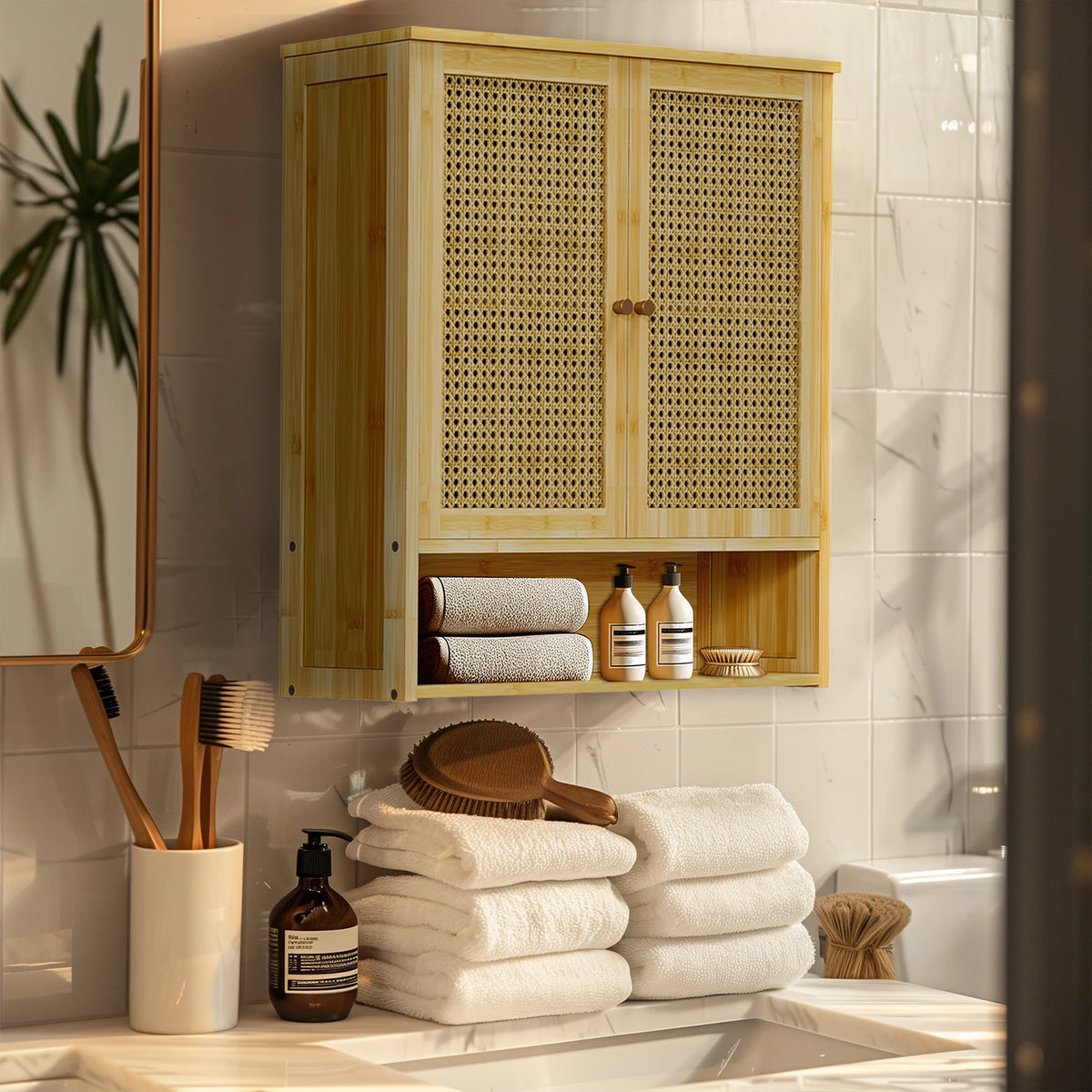 Wisfor Wall Mounted Bamboo Medicine Cabinet With Rattan Doors