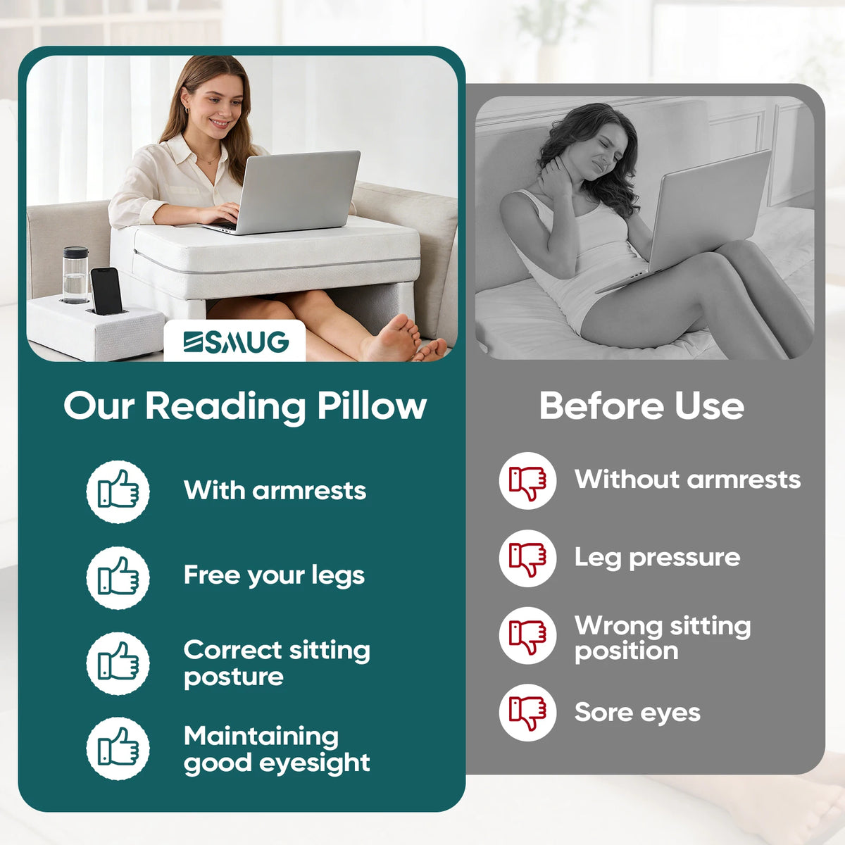 JHK Ergonomic Memory Foam Reading Pillow With Cooling Vent Design