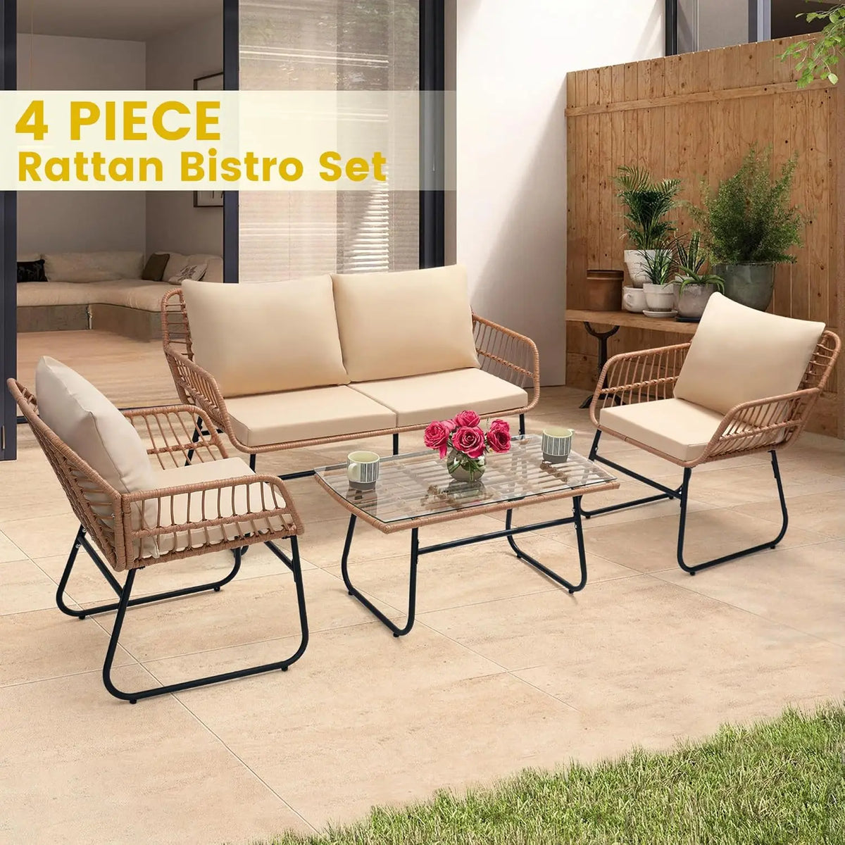 Wicker Patio Bistro Outdoor Furniture Conversation Set For Garden