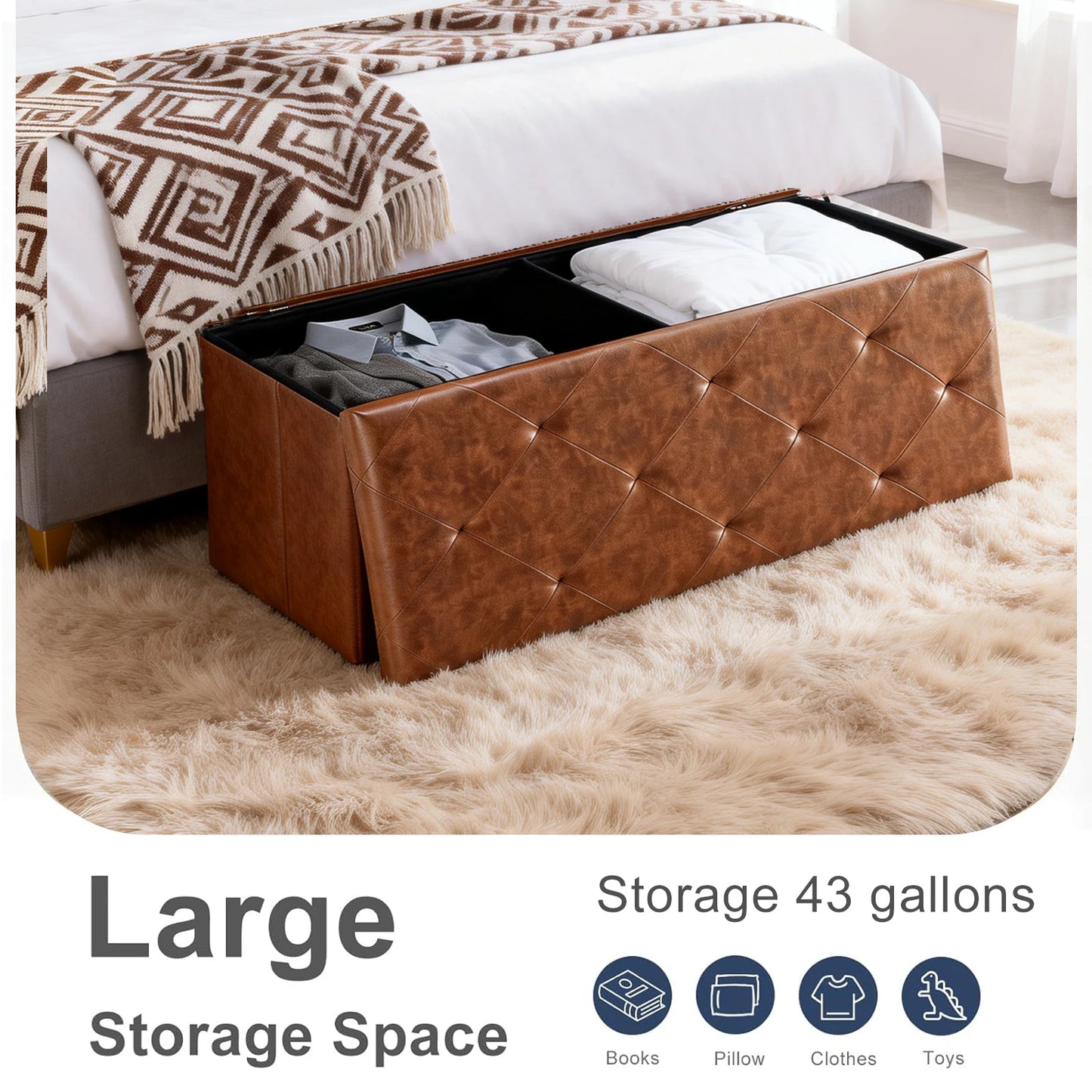 Tufted Faux Leather Storage Bench Ottoman With Folding Footrest