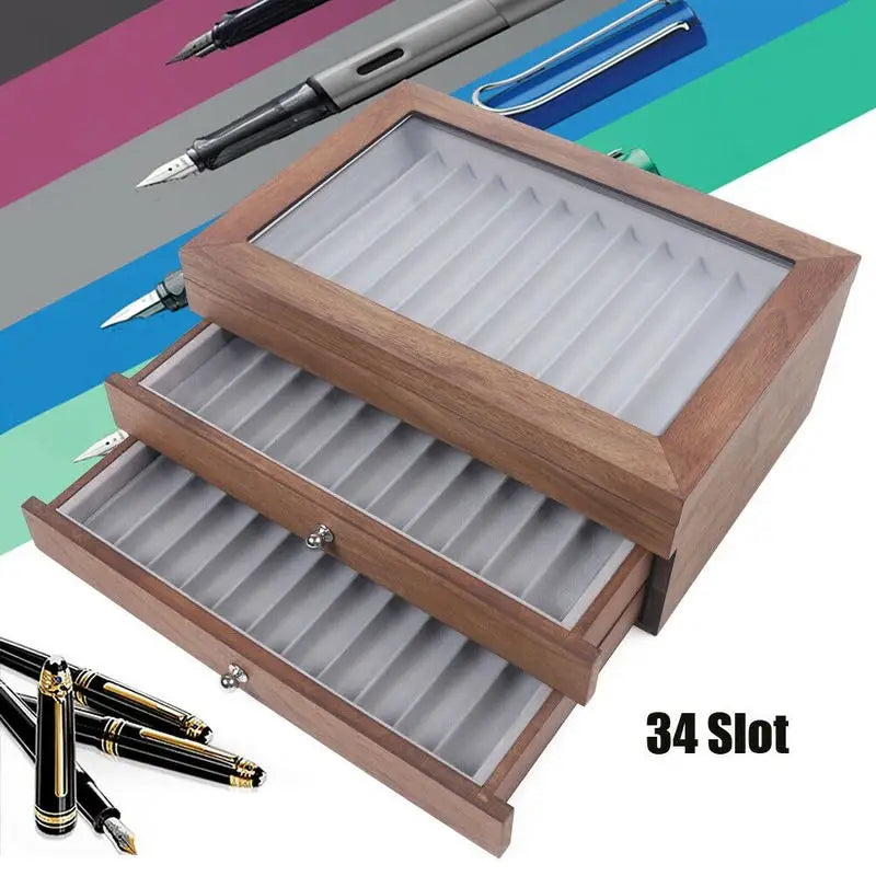 Wooden Pen Storage Case With Drawer For Stationery Display