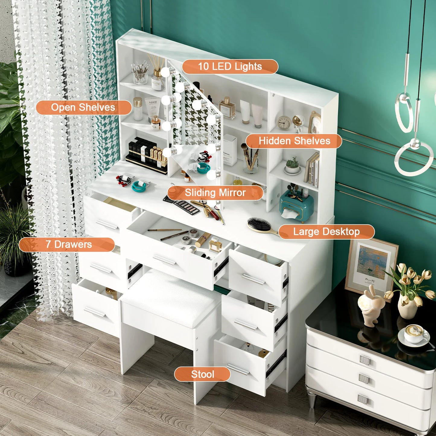 Onesaimei Minimalist Wooden Vanity With Light Up Mirror And Drawers