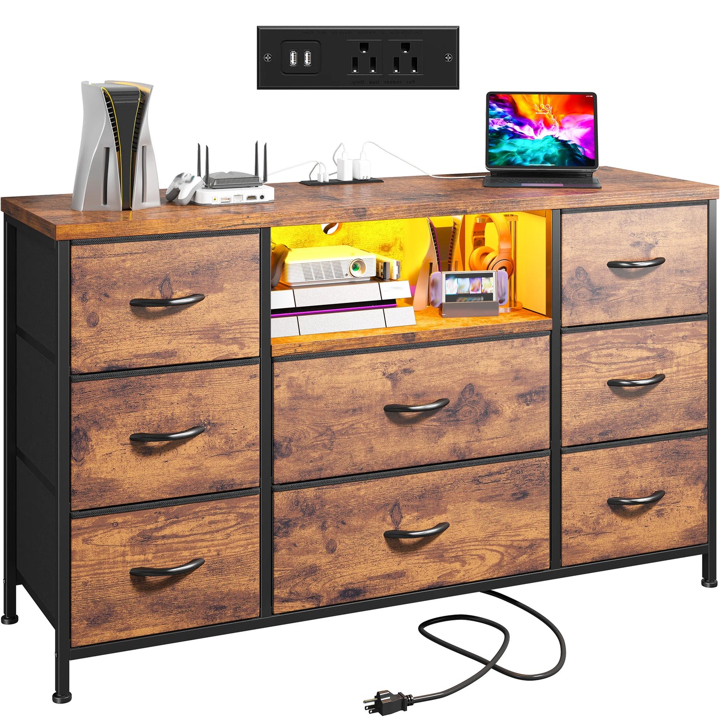EnHomee 8 Drawer Media Dresser With Led Lighting And Charging