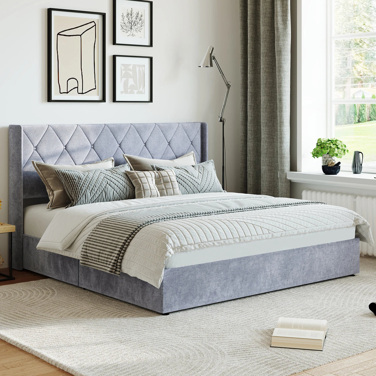 JHK Modern Hydraulic Lift Up Upholstered Storage Bed
