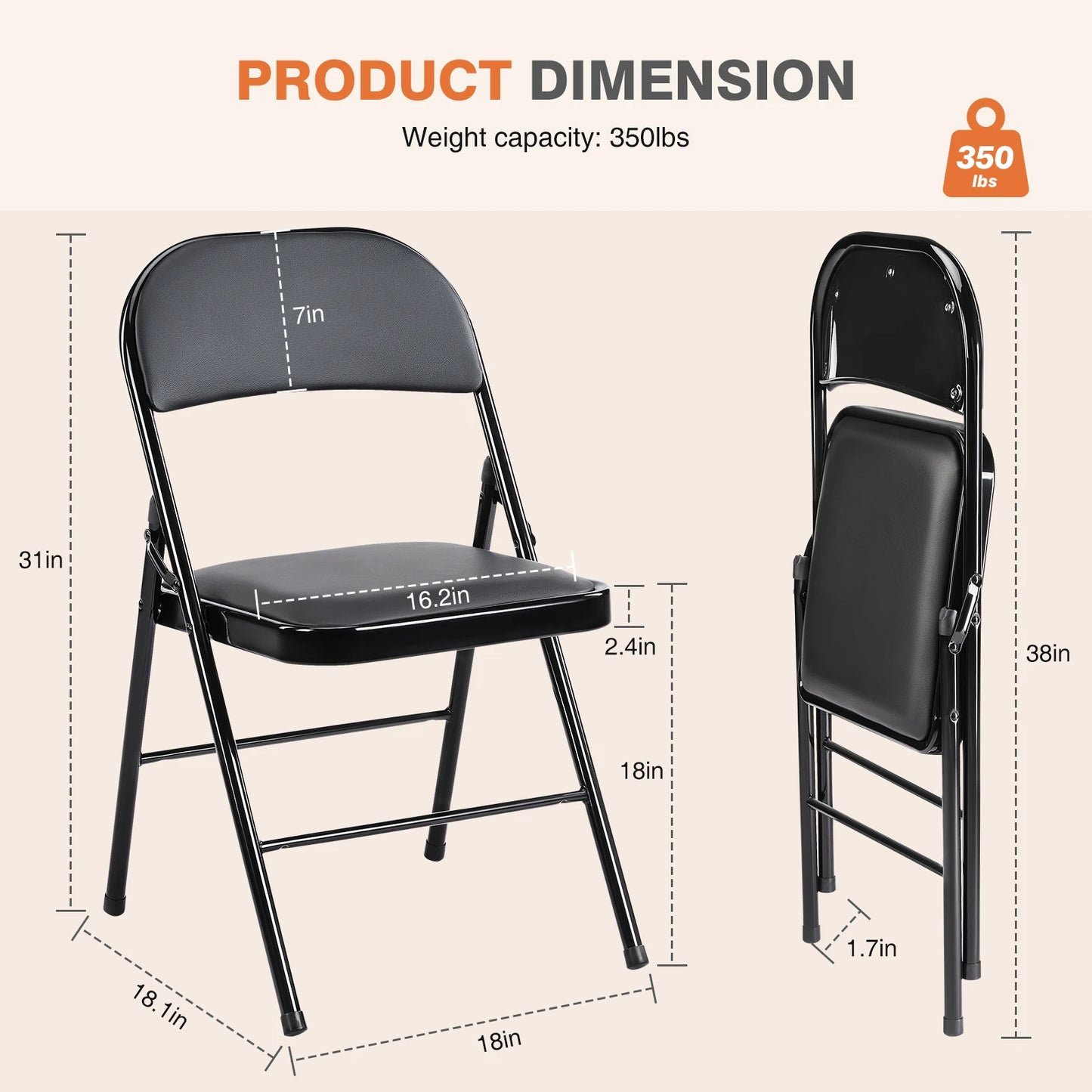 JHK Leather Padded Folding Chairs 4 Pack Metal Living Room Outdoor Home Office