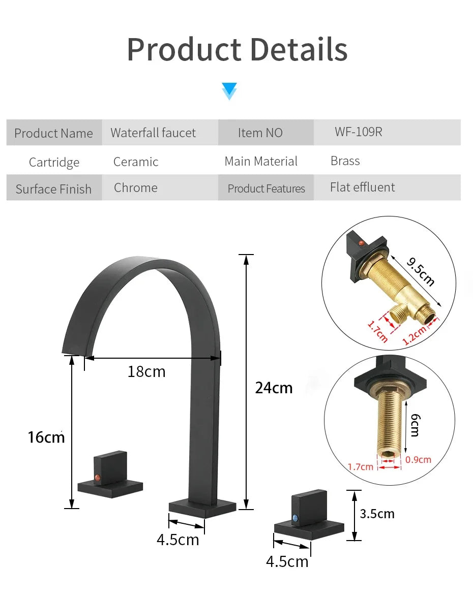 Brass Deck Mounted Square Basin Faucets Three Hole Hot Cold Bathroom