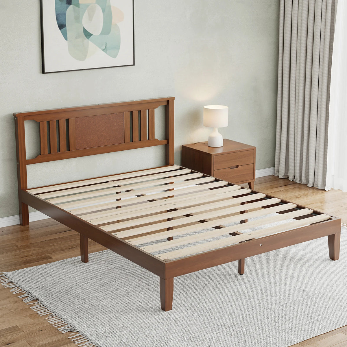 MCQ Wood Platform Bed Frame With Headboard And Sturdy Slats