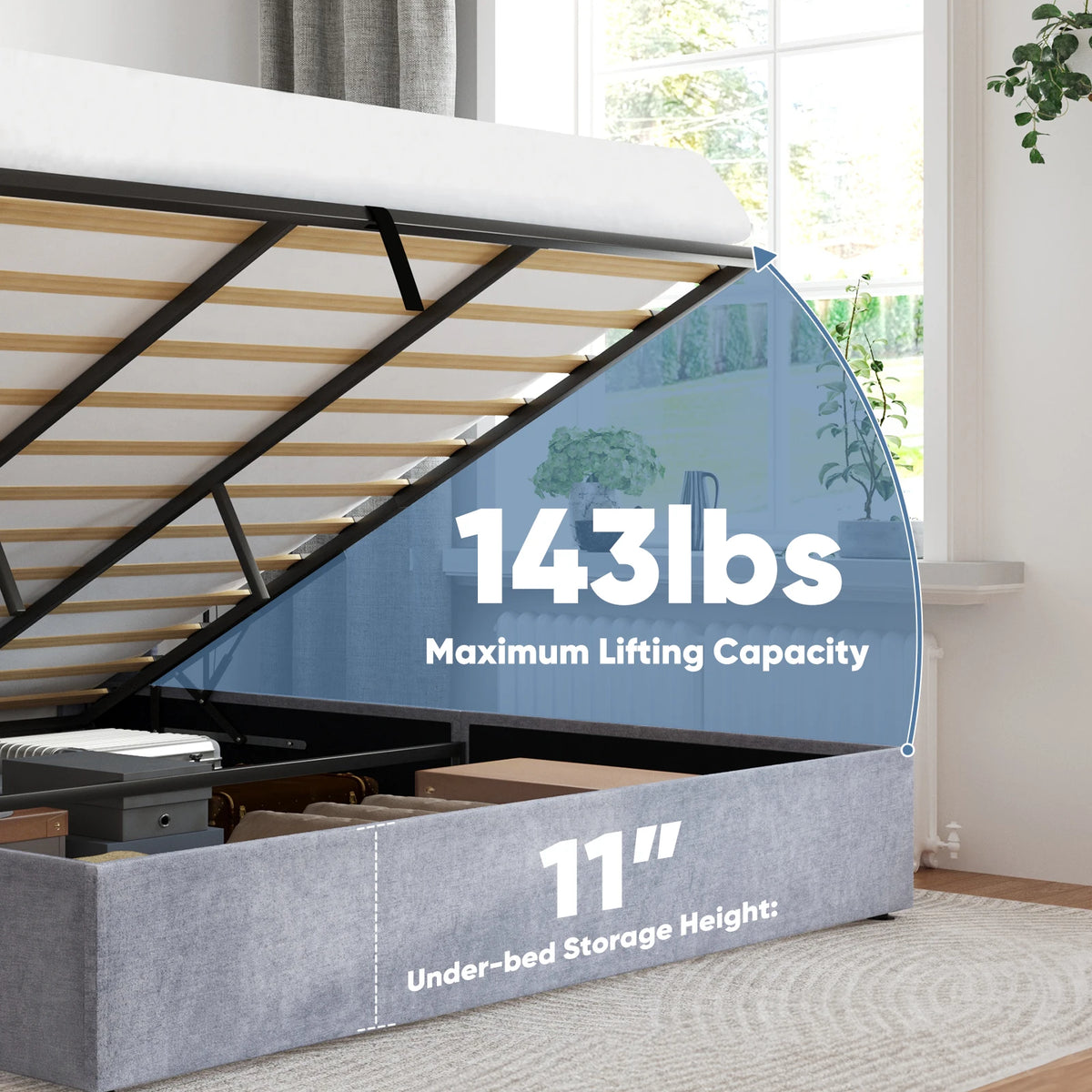 JHK Modern Hydraulic Lift Up Upholstered Storage Bed