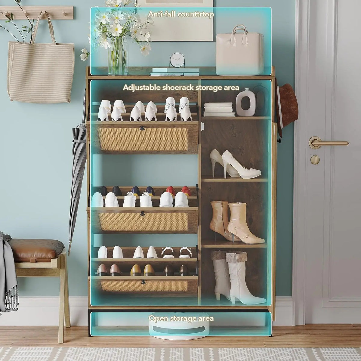 Natural Rattan Shoe Cabinet With Adjustable Shelves