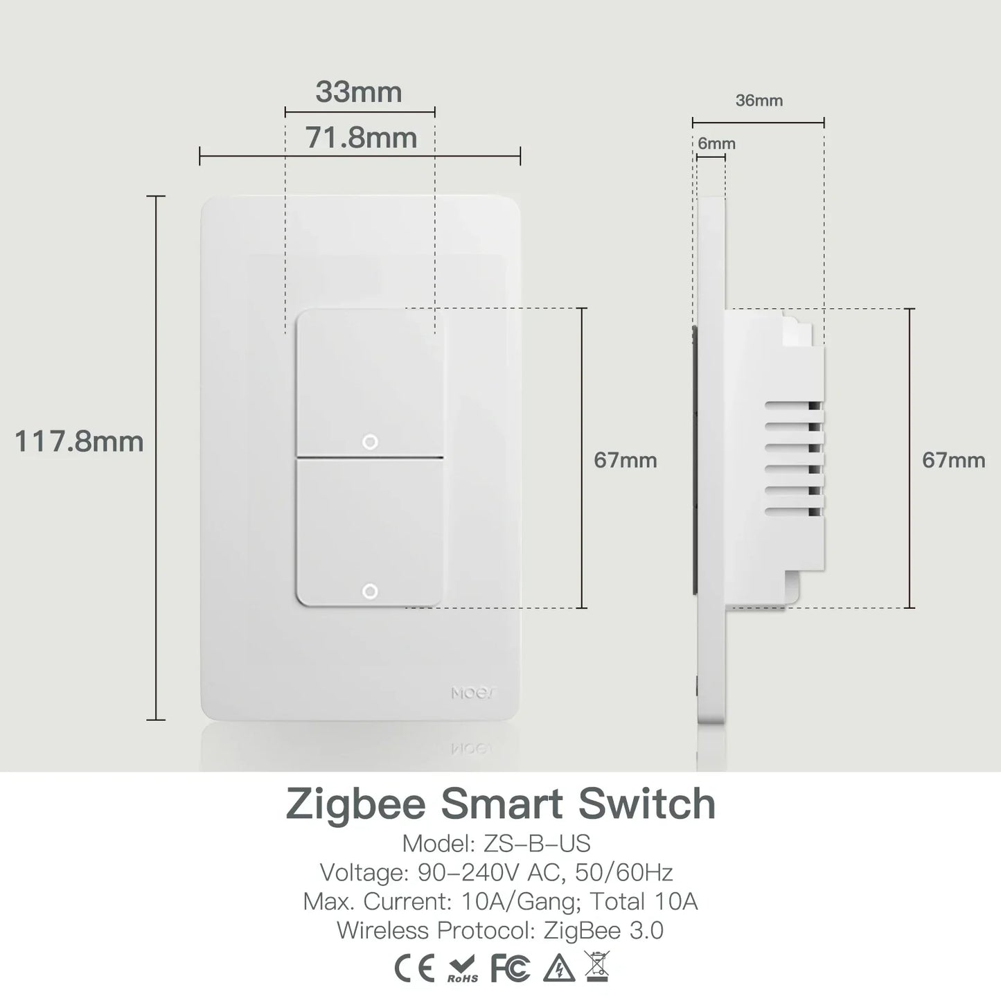 Moes ZigBee Tuya Smart Light Switch US Push Button
