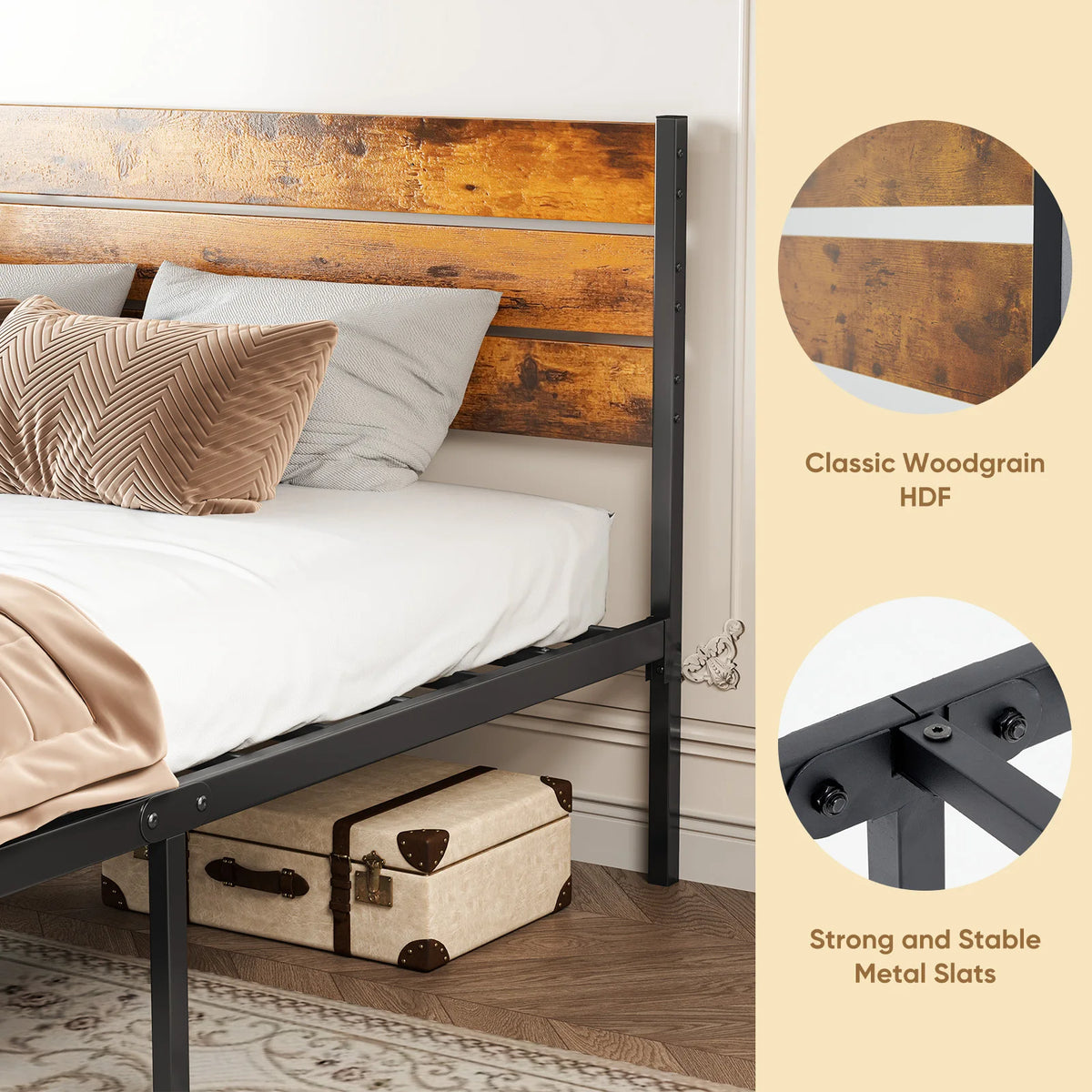 MCQ Heavy Duty Metal Platform Bed Frame With Wooden Headboard