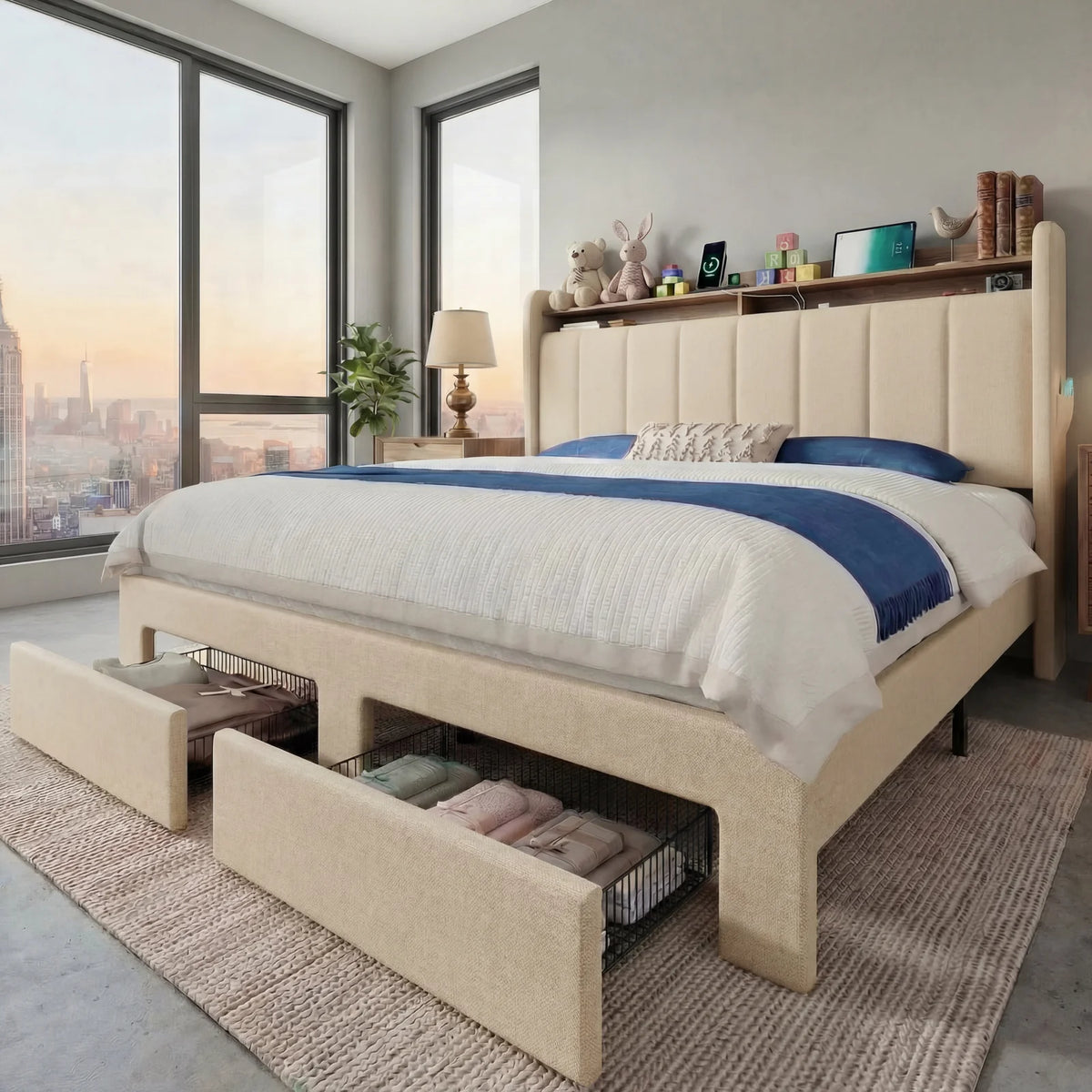 Hoomic Bed Frame With Led Lights Storage Drawers And Charger