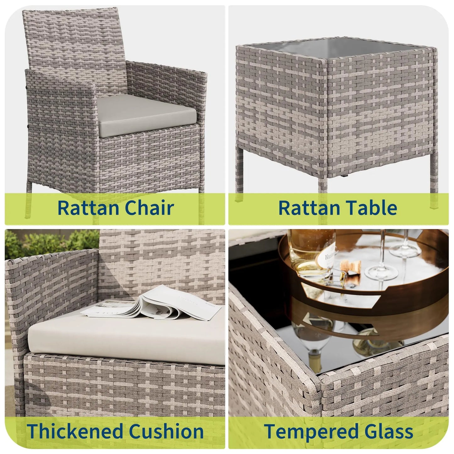 HiMISS Patio Furniture Set Rattan Wicker Chairs With Cushions And Glass Table