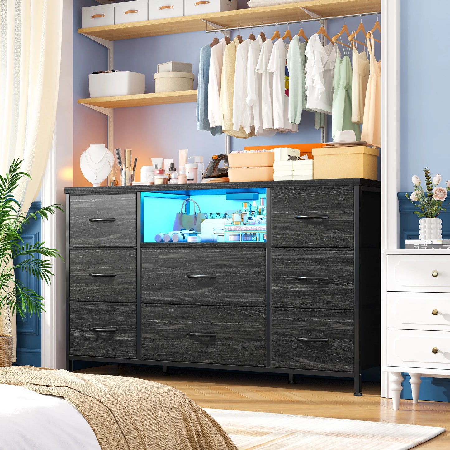 EnHomee 8 Drawer Media Dresser With Led Lighting And Charging